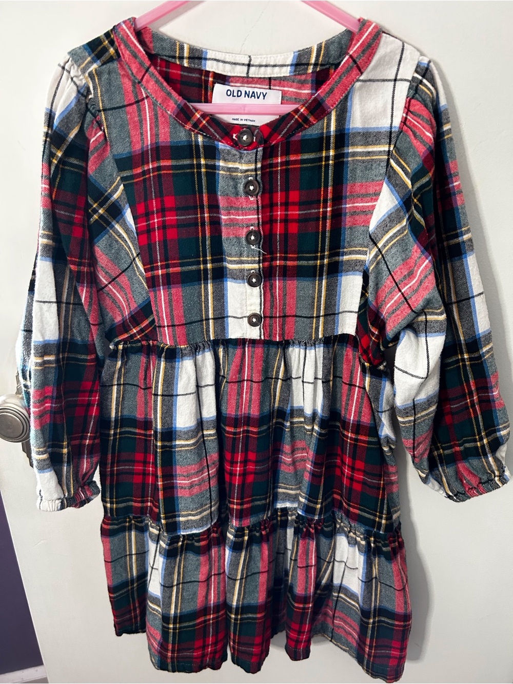Old Navy Red Navy White Plaid Tiered Button-Front Dress